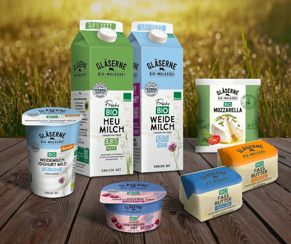 Joghurt-, Milch-, Käse- und Butter-Produkte von der Glaesernen Molkerei