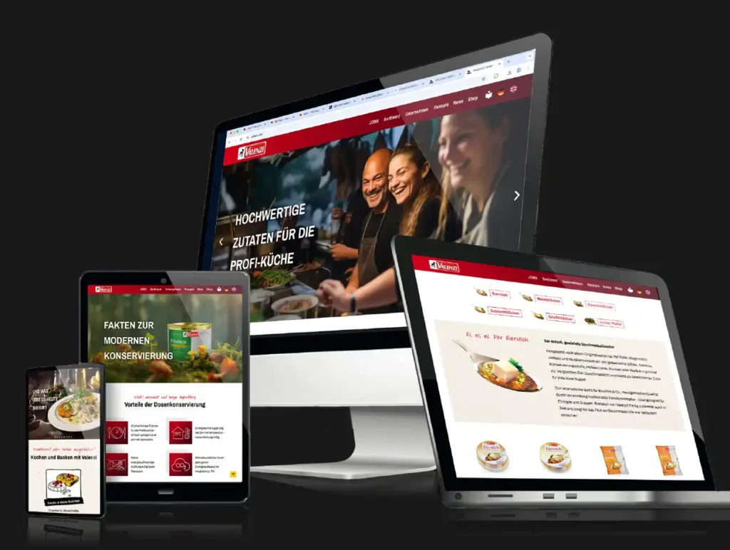 Valenzi Website offen auf einem Smartphone, einem ipad, einem PC und einem Laptop