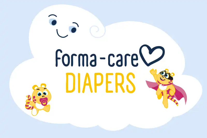 Schriftzug forma-care Diapers auf einer weißen gezeichneten Wolke mit zwei kleinen forma-care Maskottchen