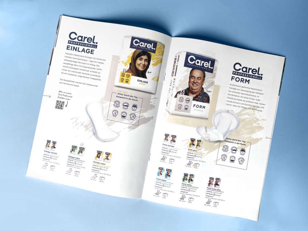 Carel Broschüre liegt aufgeschlagen mit einer Doppelseite über die PRROFESSIONELL-Produkte
