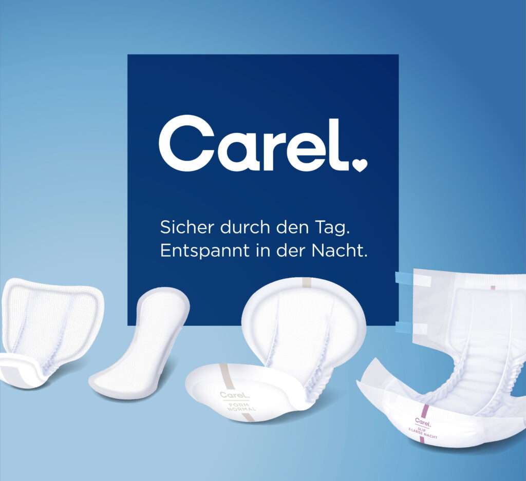 Carel-Logo und 4 Illustrationen von Carel Inkontinenz-Produkten: eine Einlage, eine Man-Einlage, eine Vorlage und ein Slip.